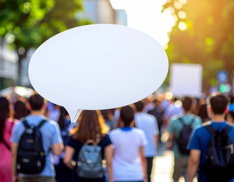 Large blank speech bubble floating above a crowd of people walking in the city street.