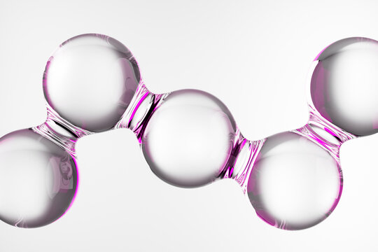 Abstract 3D molecular structure with glossy white spheres connected by translucent pink fluid. Futuristic beauty, skincare, laboratory and molecular science concept on a clean white background.