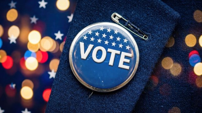 American Vote Badge Pinned to Blue Fabric with Bokeh Stars Background Expressing Civic Duty and Democratic Election Participation Leadership