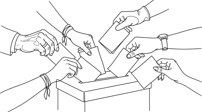 People hands casting ballots into a voting box, election day concept line art illustration.