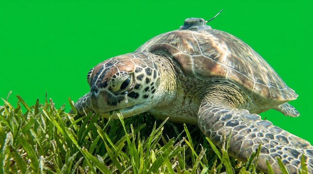 Green sea turtle grazing on seagrass with a satellite tracking tag on its shell