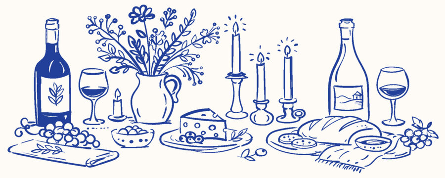 Romantic dining table doodle set with wine and candles for luxury event invitations and dinner decor.