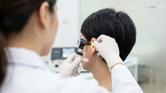 Ear examination by doctor checking patient with otoscope in clinic, healthcare and audiology services.