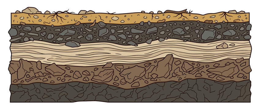 Cross section of layered earth strata with rocks and soil