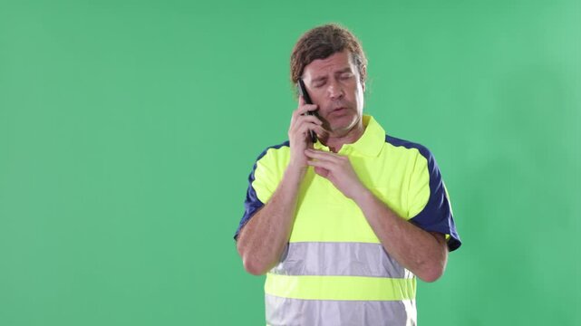 Adult male worker wearing reflective polo shirt stands against green screen, holding smartphone and speaking