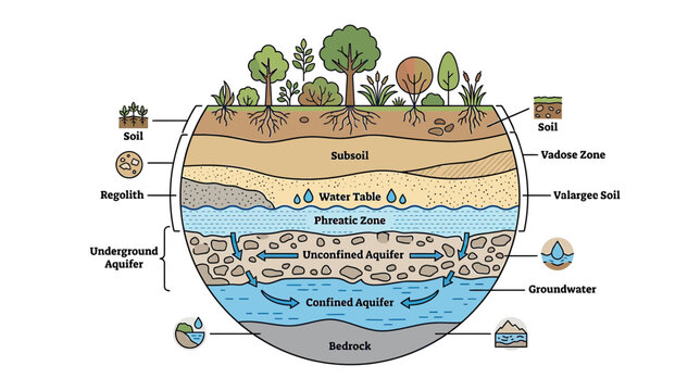 Diagram of Groundwater Aquifer Layers and Water Cycle