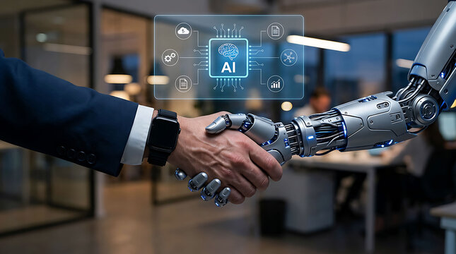 Businessman shaking hands with robot hand for AI artificial intelligence deal
