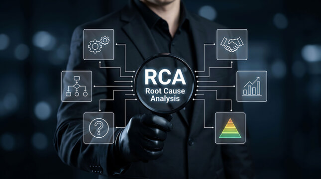 Businessman holding magnifying glass with RCA root cause analysis business icon