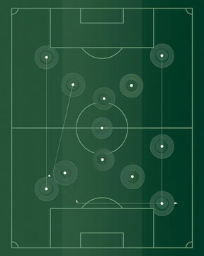 Football field with player positions and ball movement for soccer strategy