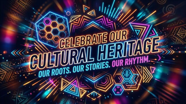 Cartel de ne&oacute;n brillante celebrando la herencia cultural hispana con patrones geom&eacute;tricos coloridos y tipograf&iacute;a luminosa para eventos y festividades.