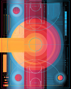Basketball court layout with abstract geometric shapes and vibrant colors