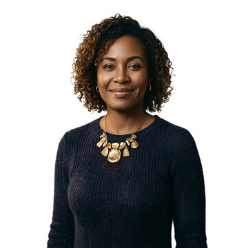 Woman portrait necklace isolated smiling 35 year old Black woman wearing navy knit dress on a transparent background for professional use