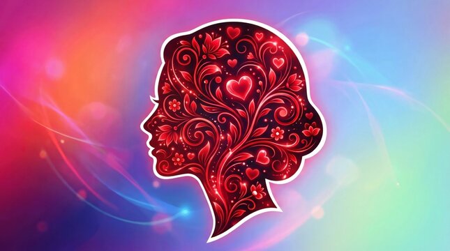 Silueta de perfil femenino con patrones florales y corazones rojos, concepto de amor propio, feminidad y salud mental para el Mes de la Herencia Hispana.