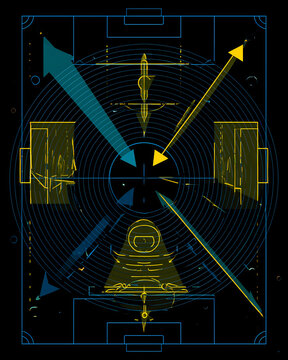 Futuristic football field diagram with player positions and strategic arrow movements