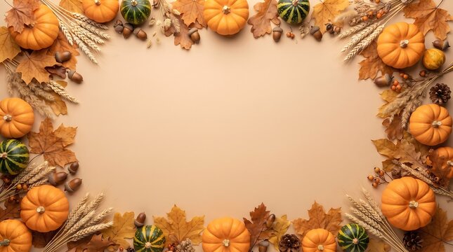 Autumn harvest border frame with pumpkins wheat and dry leaves on a light brown background for thanksgiving and fall season holiday decoration