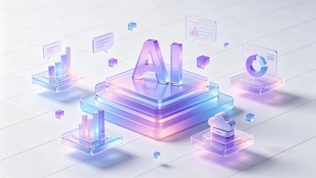 Transparent glossy gradient 3d AI text icon with data analysis chart cloud and chat bubbles represents artificial intelligence technology concept