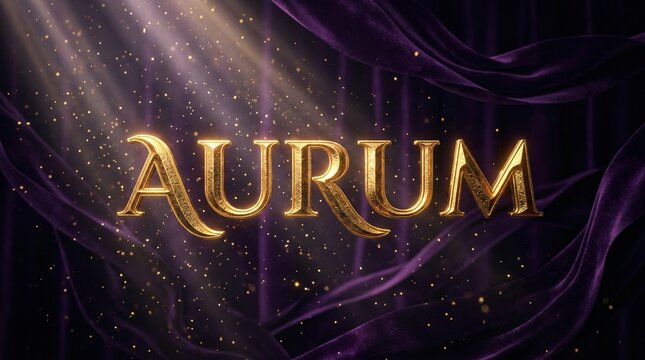 Texto AURUM en letras doradas 3D sobre elegante fondo de cortinas de terciopelo morado con destellos y part&iacute;culas brillantes.