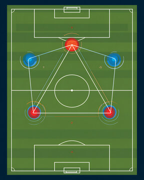 Football field with red and blue player positions showing tactical strategy