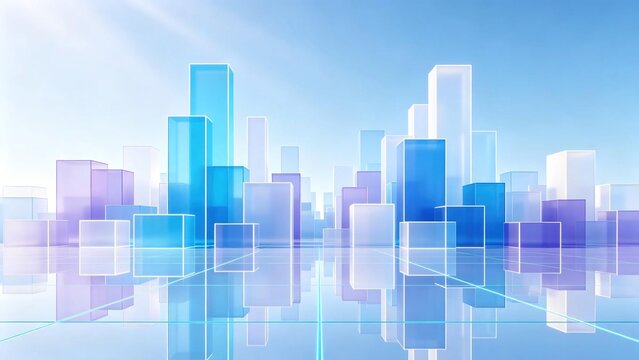 Abstract city skyline made from blue and purple transparent glass blocks reflected on glossy blue floor shows modern future urban technology and development concept