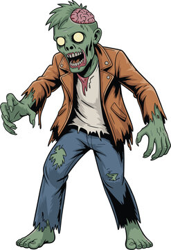Scary cartoon zombie mascot character with exposed brain, spooky halloween monster vector illustration isolated on white background