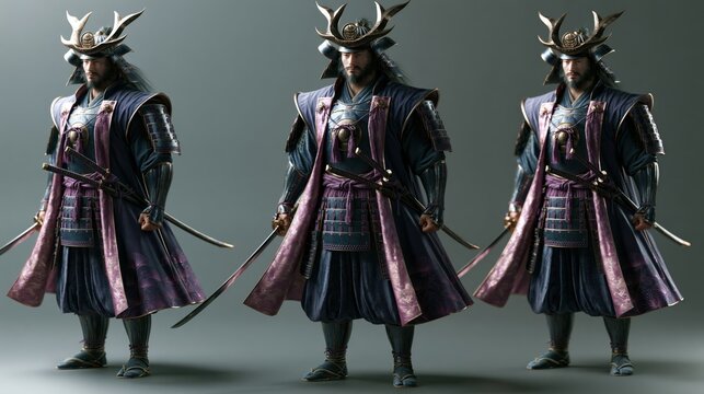 Japanese samurai warrior in ornate armor standing with swords during a studio shoot