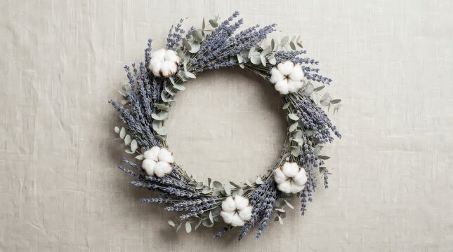 Beautiful handcrafted autumn floral wreath made with dried lavender stems eucalyptus leaves and fluffy white cotton bolls hanging on neutral rustic