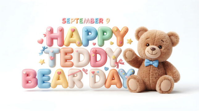  "HAPPY TEDDY BEAR DAY" in colorful, bubbly 3D letters. Above "HAPPY" is "SEPTEMBER 9".