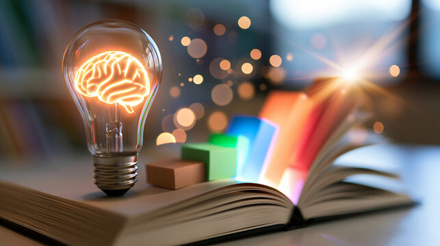 glowing brain inside a lightbulb displayed over an open book with growth steps on a bright background, cognitive development concept, continuous learning, education, colorful,