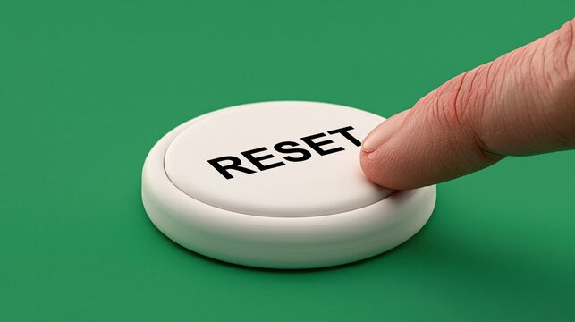 Person finger pressing white round reset button on solid green background represents new start fresh begin and restart concept for life and business work