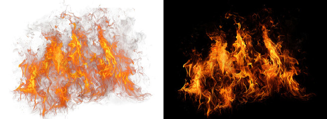 Wide wall of realistic roaring fire flames with transparent layout and stark black background option suitable for dramatic background textures game design and composite elements. © Fire Pro