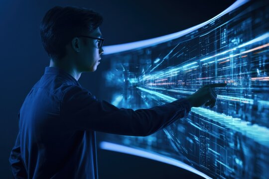 Engineer Monitoring Factory Automation Data on AI-Powered Holographic Production Line Screen in Advanced Industry 4.0 Systems