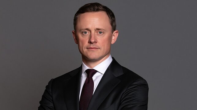 Professional studio portrait of middle aged caucasian businessman in black formal suit with red tie against plain solid gray background for corporate profile