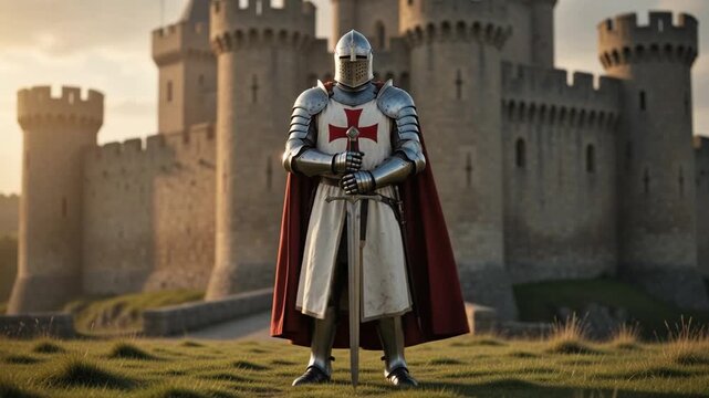 Medieval Knight in Armor Standing Before Castle in Medieval Fantasy 4K