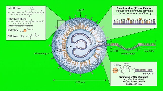 MRNA vaccine lipid nanoparticle encapsulation diagram showing molecular structure
