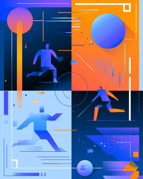 Abstract digital people running with data lines and geometric shapes