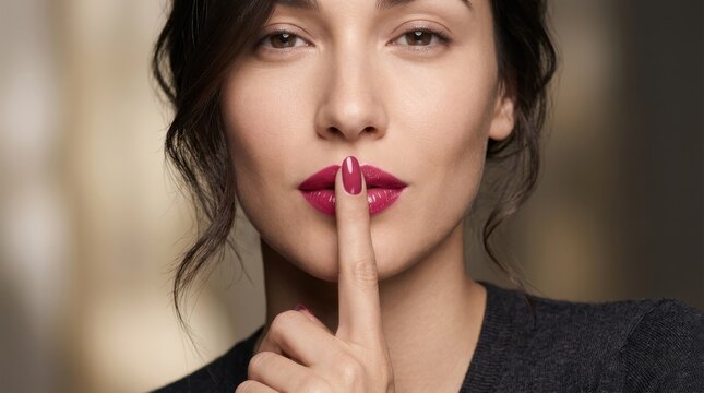 Beautiful young woman holding finger to her lips in a hush gesture with vibrant magenta lipstick and matching polished fingernails in a studio