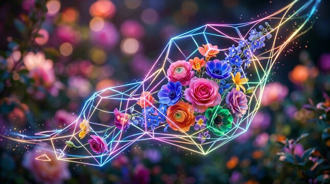 Arreglo floral vibrante en estructura geom&eacute;trica de ne&oacute;n brillante, flores coloridas celebrando la diversidad y vitalidad cultural en arte digital conceptual.