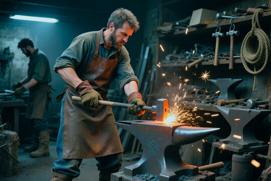 Caucasian young adult blacksmith forging heated metal on anvil, striking with hammer in workshop. Craftsmanship and manual industry concept for trade, artisan, manufacturing marketing