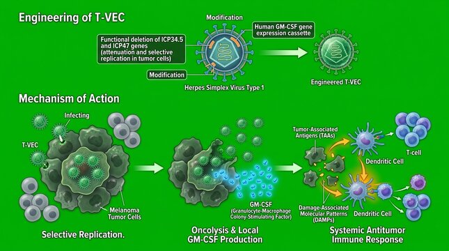 Oncolytic virus engineering and mechanism of action diagram for cancer immunotherapy research