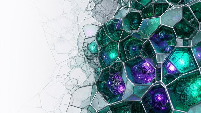 Complex geometric crystal network based on Voronoi tessellation with emerald veins and frosted glass. Neon mint and violet light glowing within gaps on a white background
