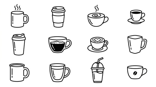 Collection of assorted coffee and tea cups and mugs in black and white sketch style.
