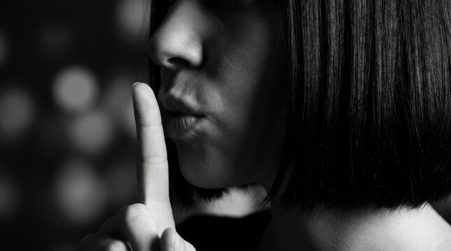 Black and white portrait of a mysterious woman making a hush gesture with her finger pressed against her lips expressing complete silence and secrecy