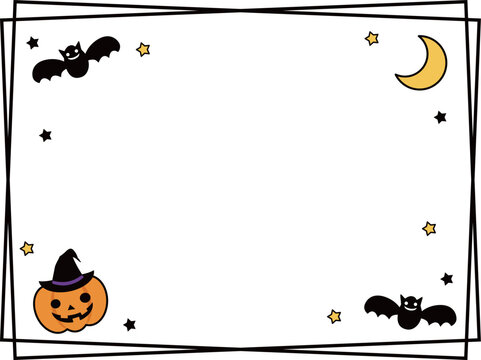 お便りやプリントに使える二重線の横長ハロウィン飾り枠