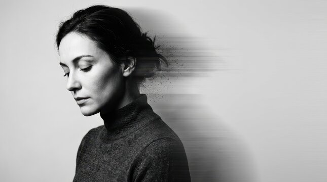 Black and white portrait of a thoughtful woman showing motion blur effect dissolving into particles representing mental health struggle depression