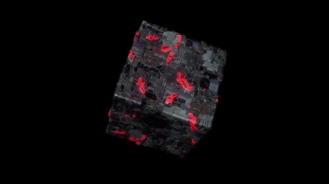 Sci Fi Rotating Cube Loop Animation with Alpha Channel. Futuristic Floating Cube. Abstract Floating Cube with Smooth Rotation. Tech Style Rotating Cube. Loop Animation. Transparent Background
