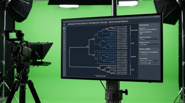 Phylogenetic tree software on monitor in professional studio with green screen background