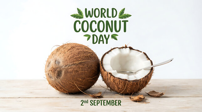  "WORLD COCONUT DAY" appears in green with leaf accents, and below the coconuts, it reads "2 SEPTEMBER" in green.