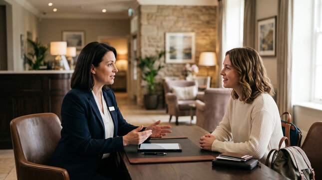 Hotel manager assists guest in boutique hotel lobby, resolving service concern through professional communication, hospitality management, customer care and guest satisfaction with copy space.
