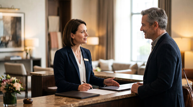Hotel manager assists guest in boutique hotel lobby, resolving service concern through professional communication, hospitality management, customer care and guest satisfaction with copy space.