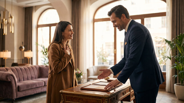 Hotel manager assists guest in boutique hotel lobby, resolving service concern through professional communication, hospitality management, customer care and guest satisfaction with copy space.